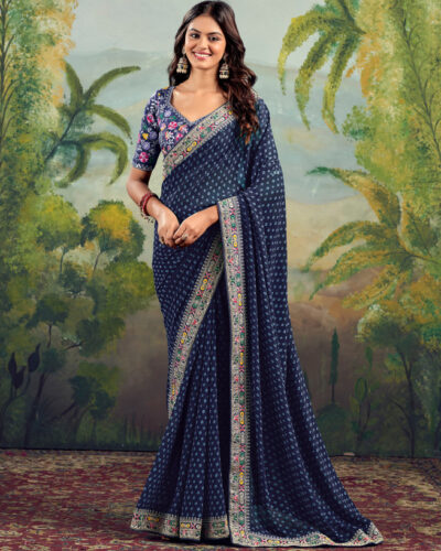 Embellished, Embroidered, Printed Bandhani Georgette, Lace Saree (Blue)