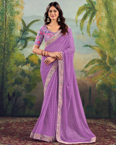 Embellished, Embroidered, Printed Bandhani Georgette, Lace Saree (Purple)