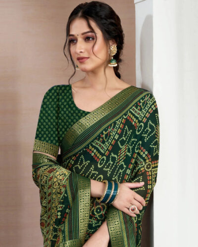 Printed, Embellished Bandhani Chiffon, Georgette Saree (Green)