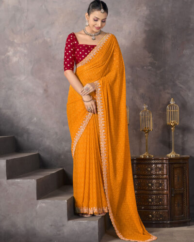 Printed Bandhani Georgette Saree (Yellow)