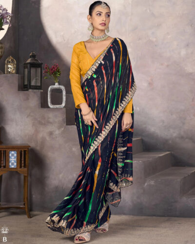 Geometric Print, Printed, Embellished Bollywood Chiffon Saree (Black)
