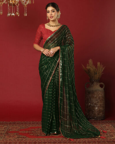 Woven, Embellished Bollywood Georgette Saree (Green)