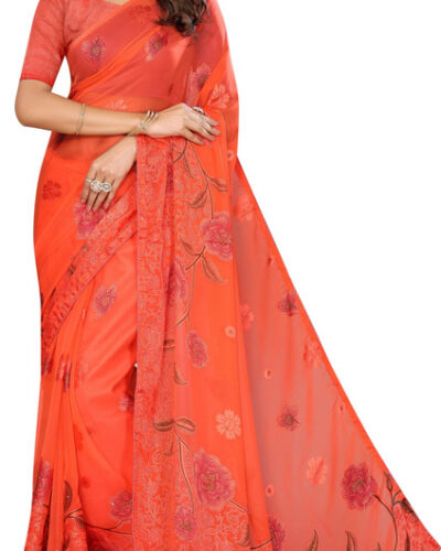 Printed Bollywood Brasso Saree (Pink, Orange)