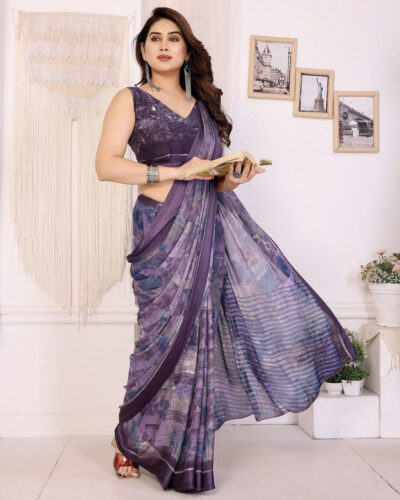 Floral Print, Printed Daily Wear Chiffon Saree (Purple)
