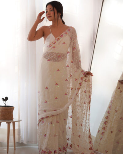 Embellished Bollywood Georgette Saree (White)