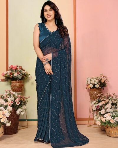 Embellished Leheria Georgette Saree (Blue)