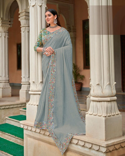 Embroidered Bollywood Chiffon Saree (Grey)