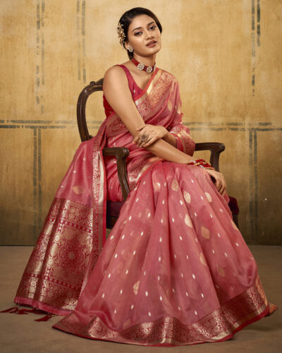 Embroidered Banarasi Satin Saree (Pink, Multicolor)