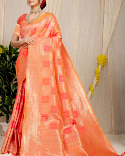 Woven, Self Design Banarasi Pure Silk Saree (Orange)