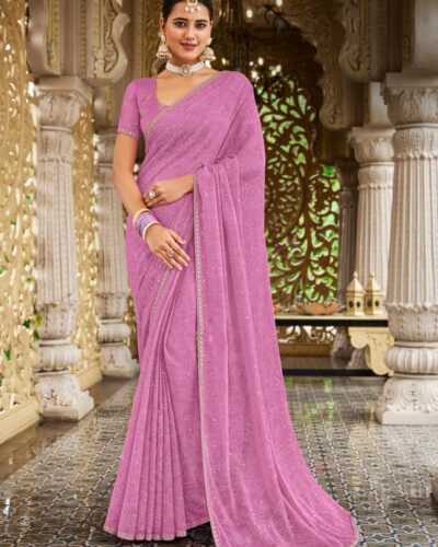 Floral Print Bollywood Chiffon Saree (Pink)