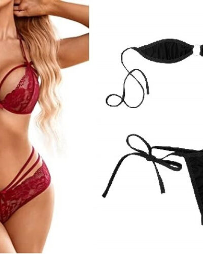 Bra & Panty Set Self Design Black, Maroon Lingerie Set
