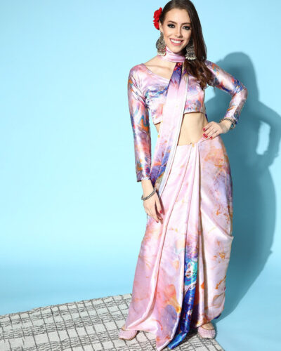 Printed Bollywood Satin Saree (Multicolor)