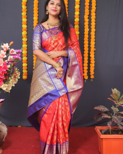 Woven Banarasi Silk Blend Saree (Red)