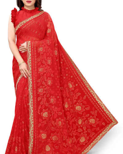 Floral Print Bollywood Georgette, Brasso Saree (Red)