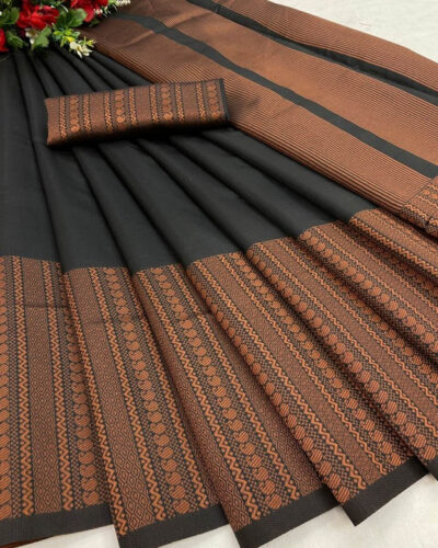 Geometric Print, Graphic Print, Woven Kanjivaram Pure Silk, Jacquard Saree (Black)