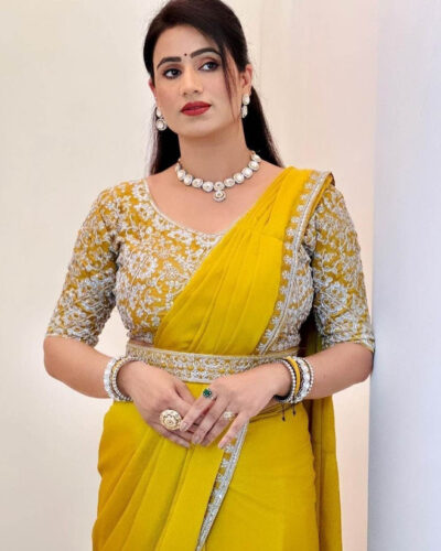 Embroidered Bollywood Pure Silk Saree (Yellow)