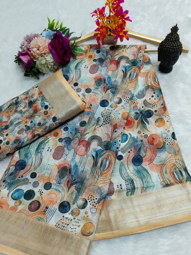 Woven, Printed Kanjivaram Pure Cotton, Cotton Linen Saree (Multicolor)