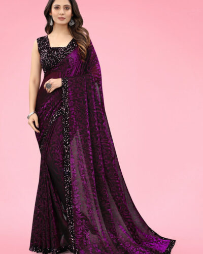 Self Design Bollywood Lycra Blend Saree (Purple)