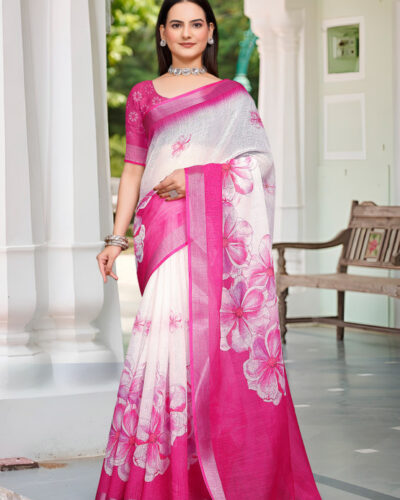 Digital Print Bollywood Cotton Linen Saree (White, Pink)