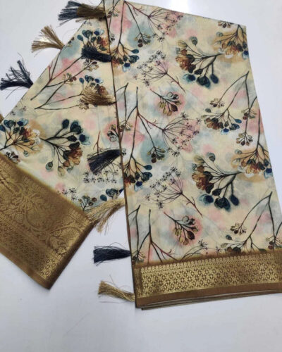 Floral Print Bollywood Cotton Blend Saree (Brown)
