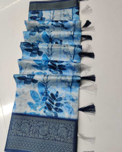 Floral Print Bollywood Cotton Blend Saree (Light Blue)