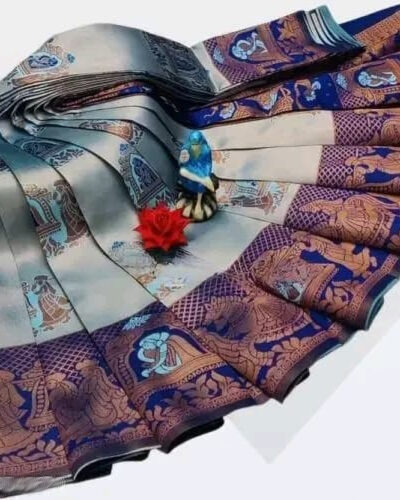 Woven Kanjivaram Silk Blend, Pure Silk Saree (Light Blue, Dark Blue)