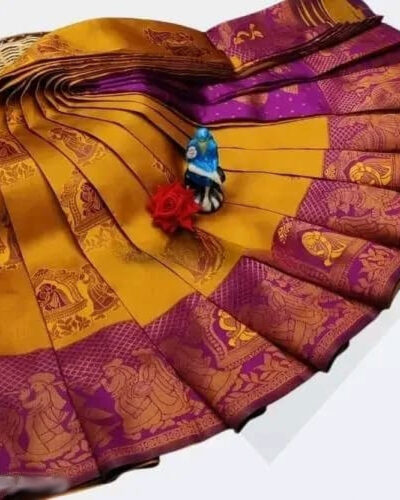 Woven Kanjivaram Silk Blend, Pure Silk Saree (Gold, Magenta)