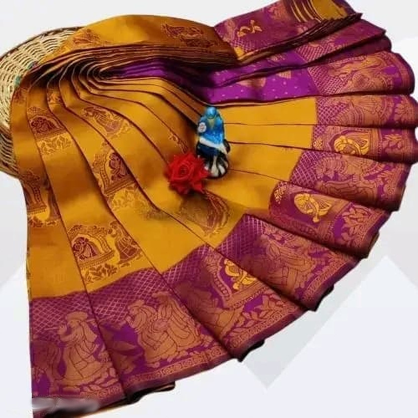 Woven Kanjivaram Silk Blend, Pure Silk Saree (Gold, Magenta)