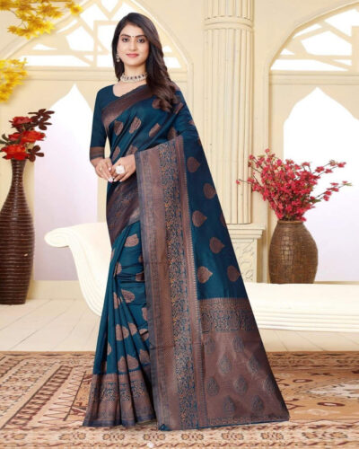 Self Design Kanjivaram Silk Blend Saree (Blue)