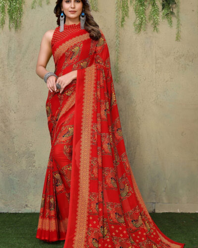 Floral Print Daily Wear Georgette Saree (Red)