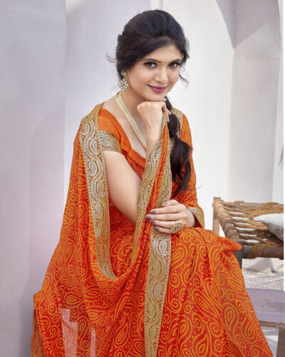 Printed Bollywood Georgette, Lace Saree (Orange)