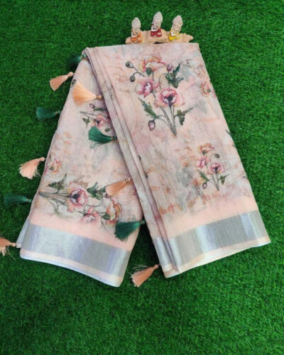 Floral Print Bollywood Linen Saree (Orange)