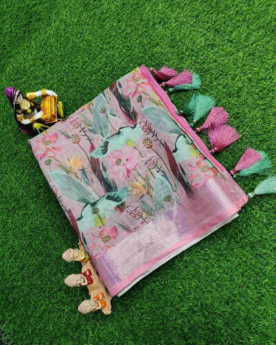 Floral Print Bollywood Linen Saree (Pink)