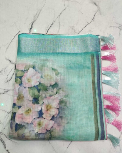 Floral Print Bollywood Linen Saree (Multicolor)