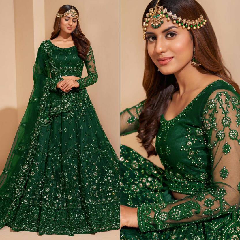 Embroidered Semi Stitched Lehenga Choli (Green)
