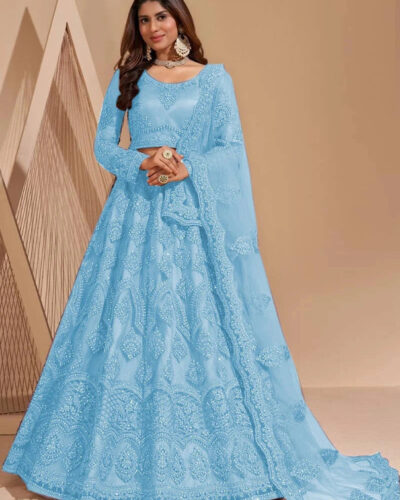 Embroidered Semi Stitched Lehenga Choli (Light Blue)
