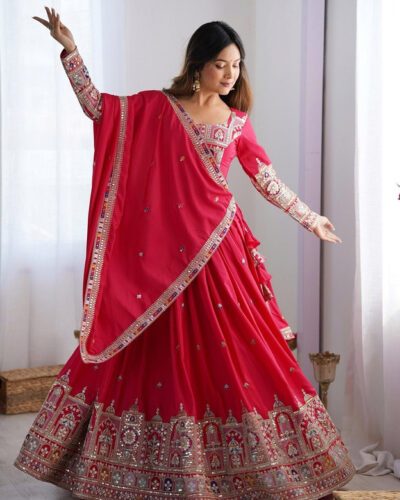 Embroidered Semi Stitched Lehenga Choli (Red)