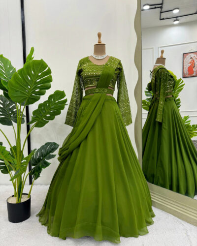 Embroidered Semi Stitched Lehenga Choli (Light Green)