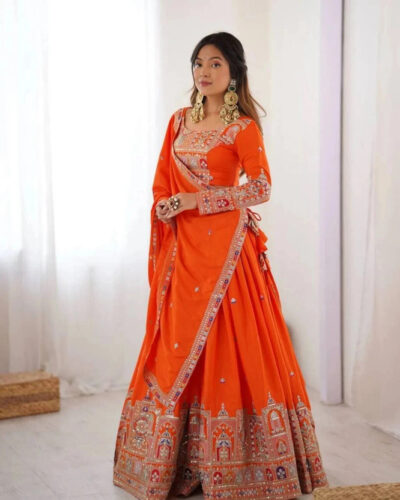 Embroidered Semi Stitched Lehenga Choli (Orange)