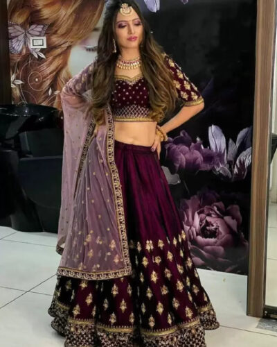 Solid, Embroidered, Self Design Semi Stitched Lehenga Choli (Maroon)