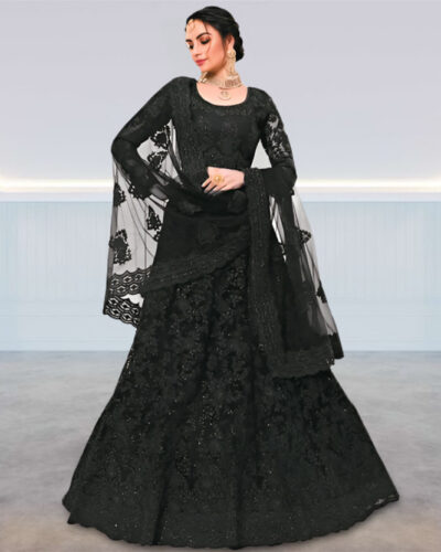 Embroidered Semi Stitched Lehenga Choli (Black)