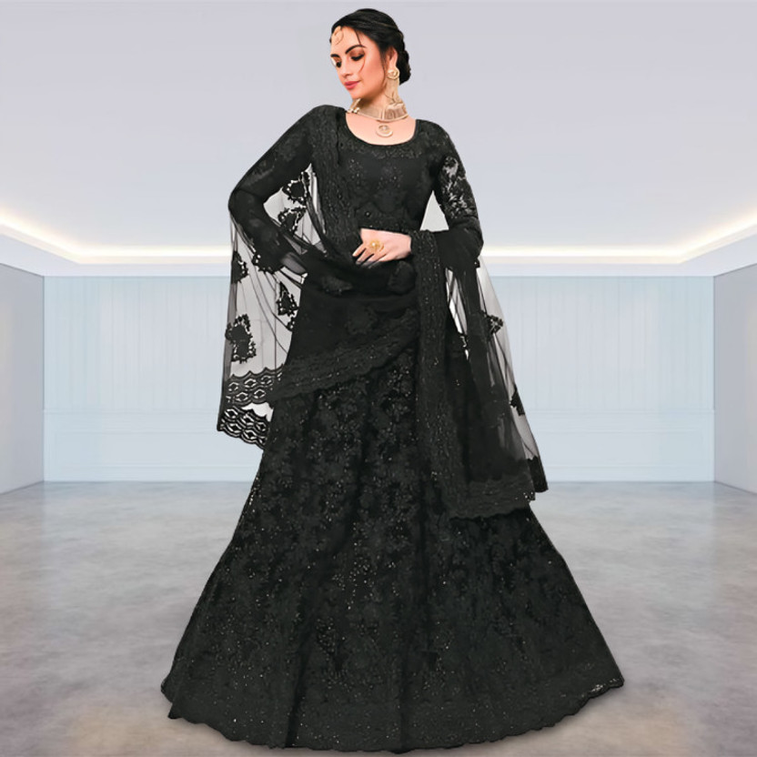 Embroidered Semi Stitched Lehenga Choli (Black)