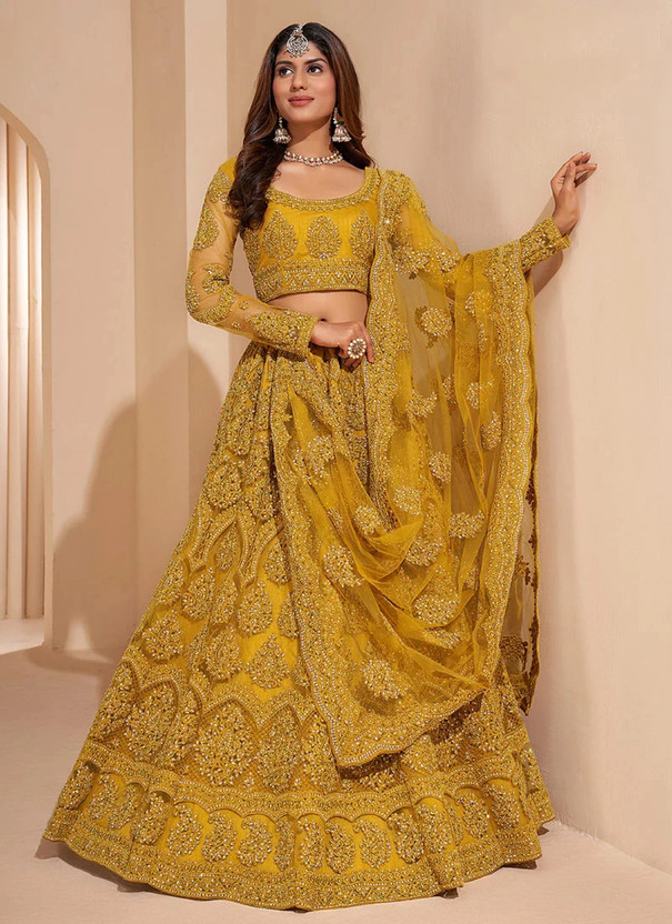 Embroidered Semi Stitched Lehenga Choli (Yellow)