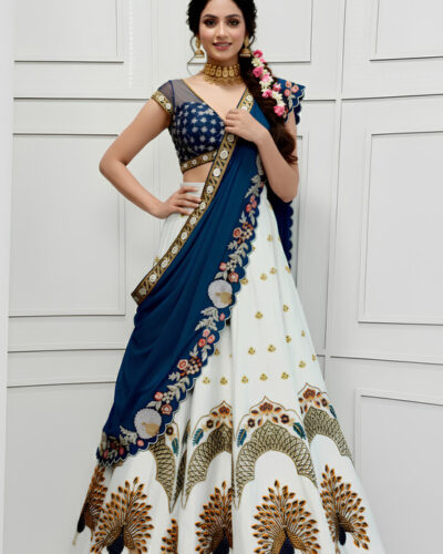 Embroidered Semi Stitched Lehenga Choli (White)