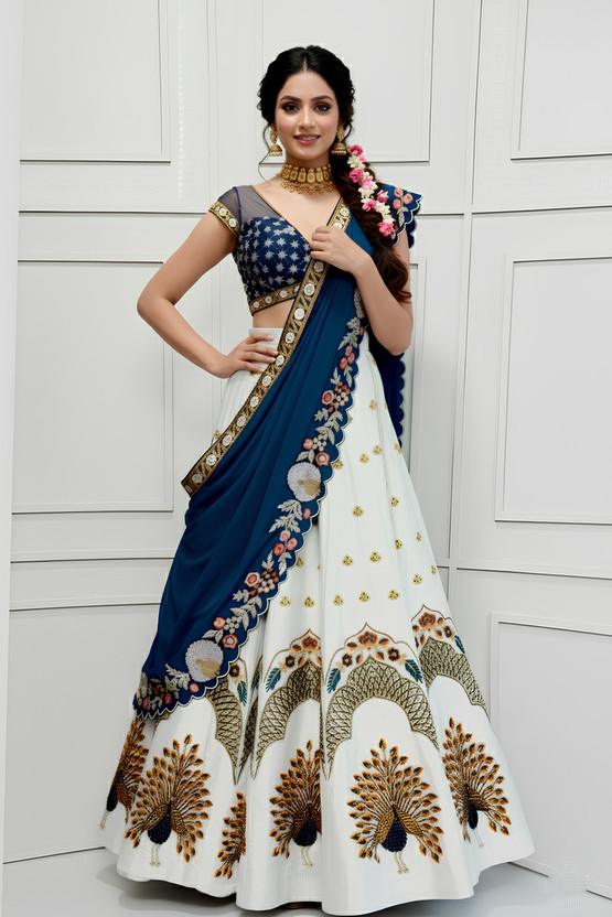 Embroidered Semi Stitched Lehenga Choli (White)