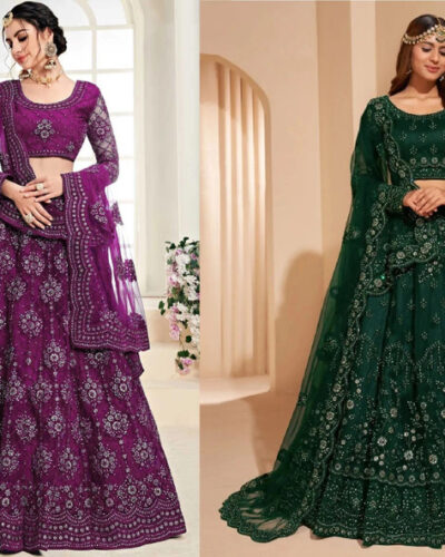 Embroidered Semi Stitched Lehenga Choli (Green, Purple)