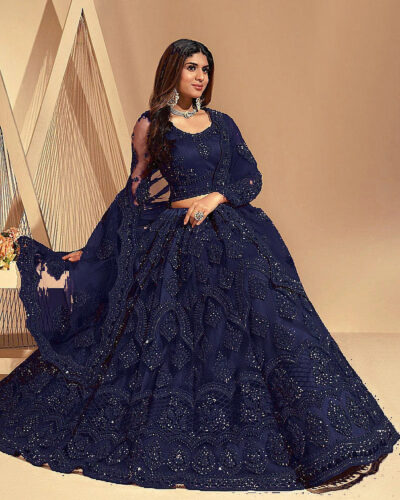 Embroidered Semi Stitched Lehenga Choli (Dark Blue)
