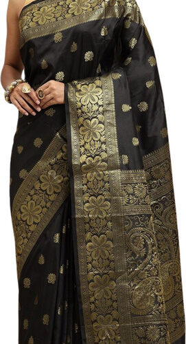 Graphic Print, Self Design, Woven Assam Silk Pure Silk, Jacquard Saree (Gold, Black)