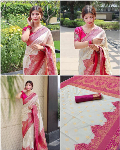 Graphic Print, Self Design, Woven Assam Silk Pure Silk, Jacquard Saree (White)
