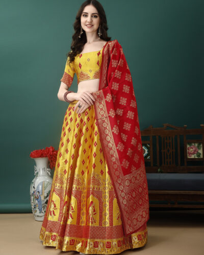 Self Design Semi Stitched Lehenga Choli (Gold, Red)